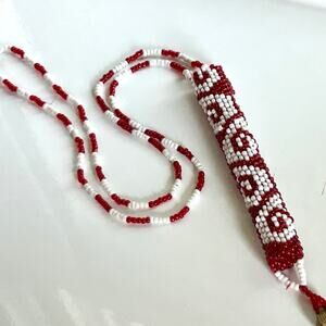 Vintage Red and White Seed Bead Necklace with Woven Beaded Pendant